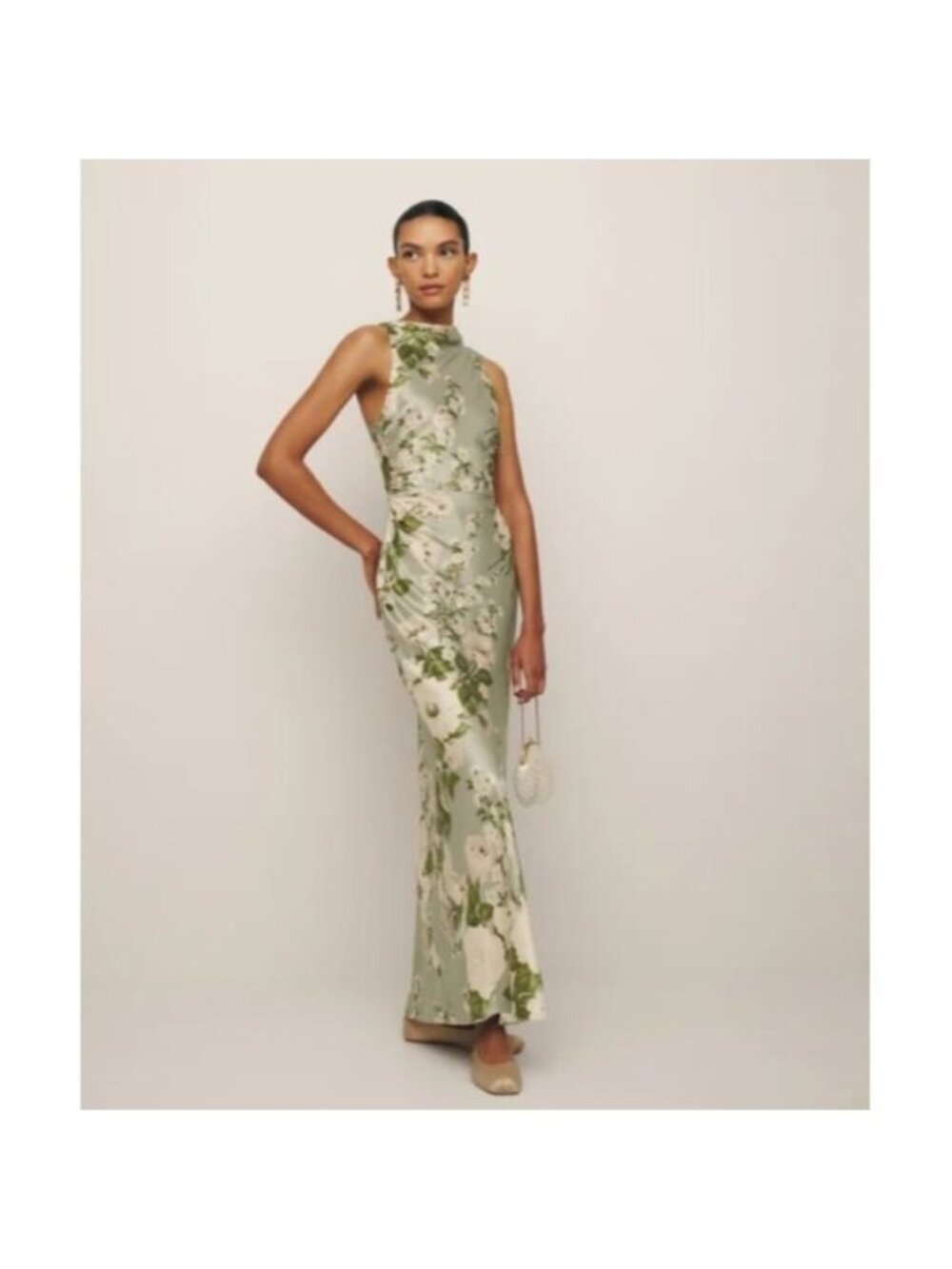 NWOT Reformation Anaiis Silk Dress in Tarragon Green White Floral Maxi